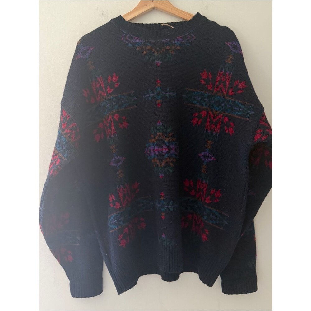 Pendleton Sweater Vintage Wool Aztec Design Navy Crewneck Size XL
